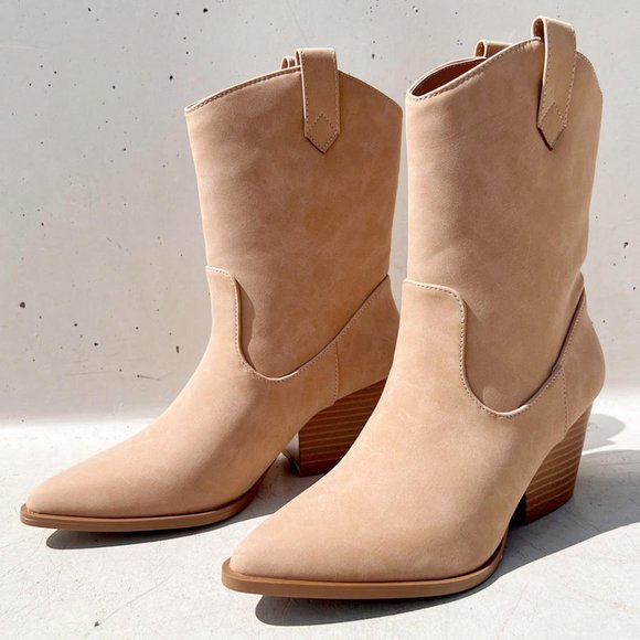 Qupid Shoes - NEW Tan Distress Nubuck Faux Leather Pointy Toe Block Heel Western Ankle Boots